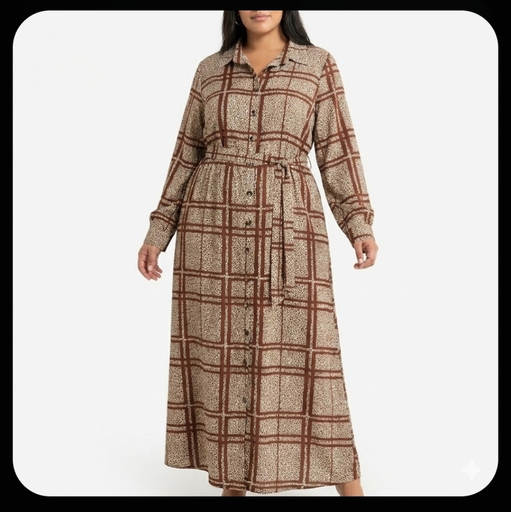 Chocolate Brown Plaid Dress Womens 4X Plus Size Chiffon Career Wedding‎ Guest